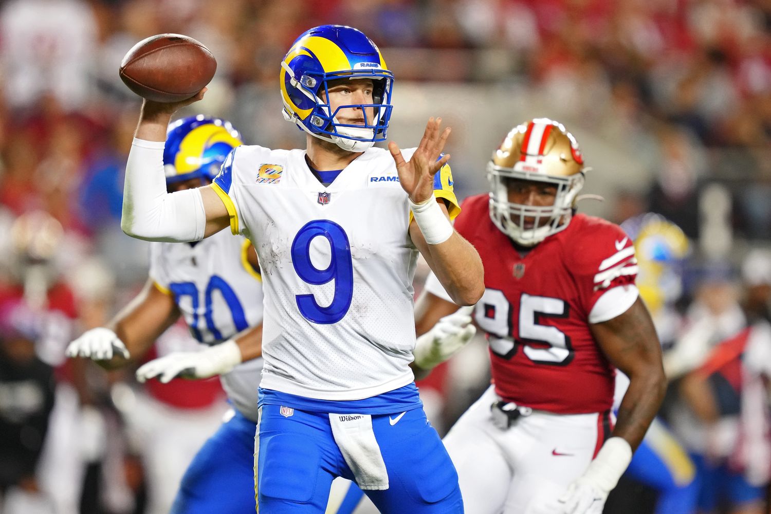 Stafford drops back to pass during a game against the San Francisco 49ers on Oct. 3, 2022.
